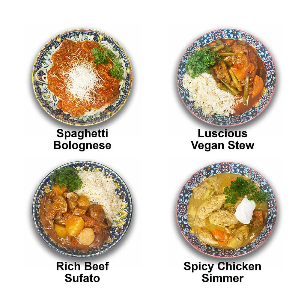 Spaghetti Bolognese, Vegan Stew, Beef Sufato, and Chicken Simmer in colorful bowls.