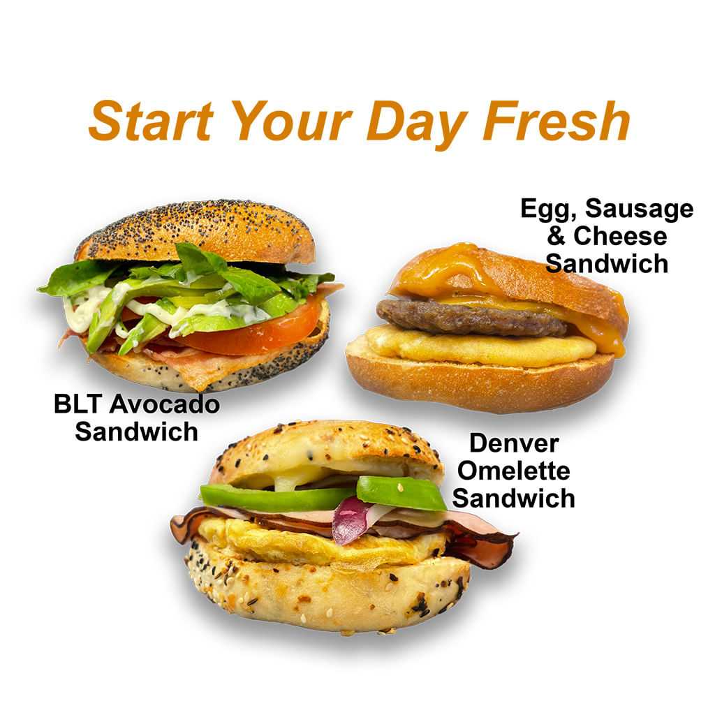Breakfast sandwiches: BLT Avocado, Egg Sausage & Cheese, Denver Omelette.
