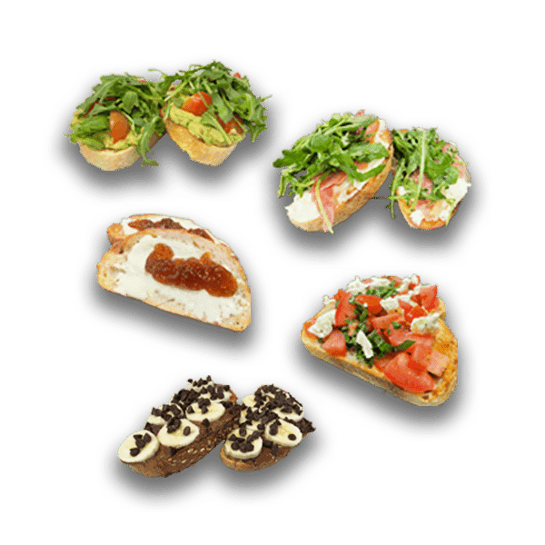 Assorted bruschetta with toppings like arugula, tomatoes, cream cheese, and chocolate.