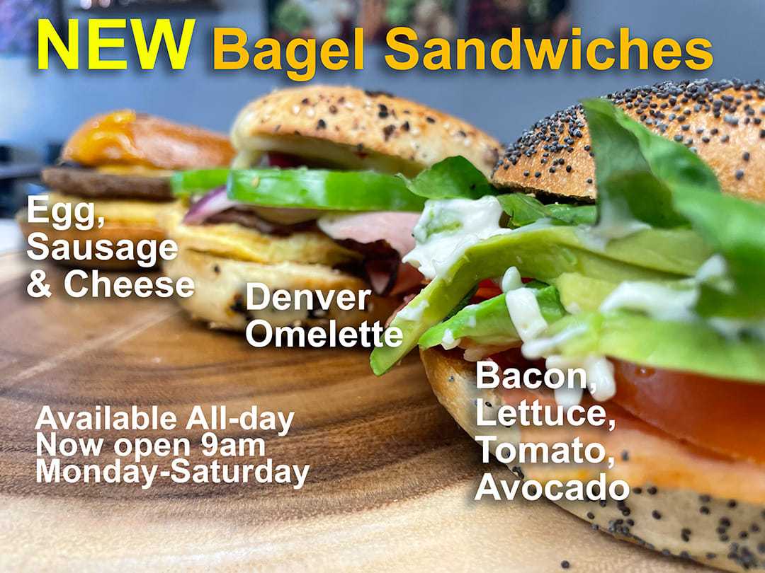 Three bagel sandwiches with various fillings available all day from 9am, Monday to Saturday.